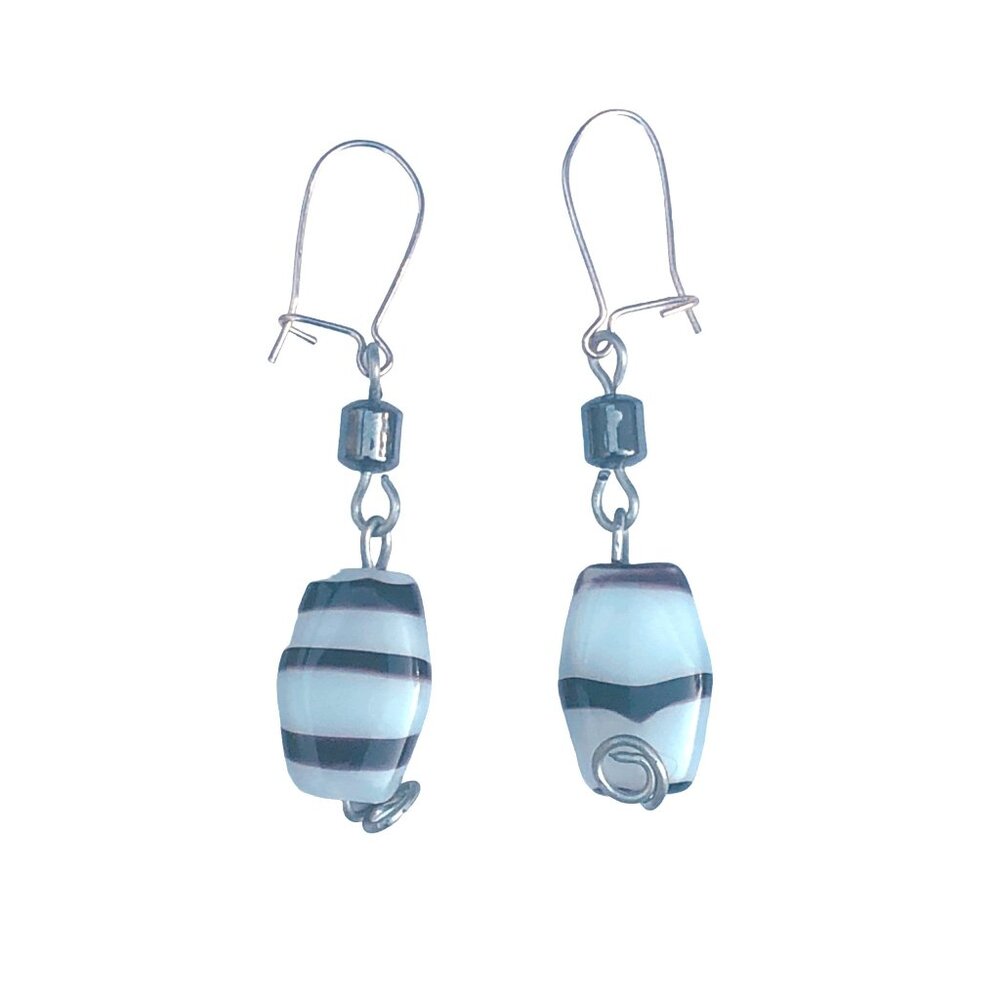 Handmade Black and White Art Glass Bead Earrings with Hematite Silver Tone